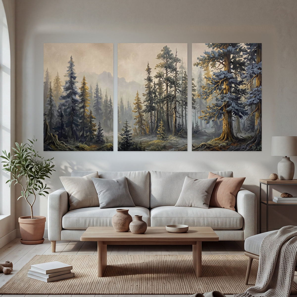 Pine forest mountain painting set of 3 poster prints in a bright living room