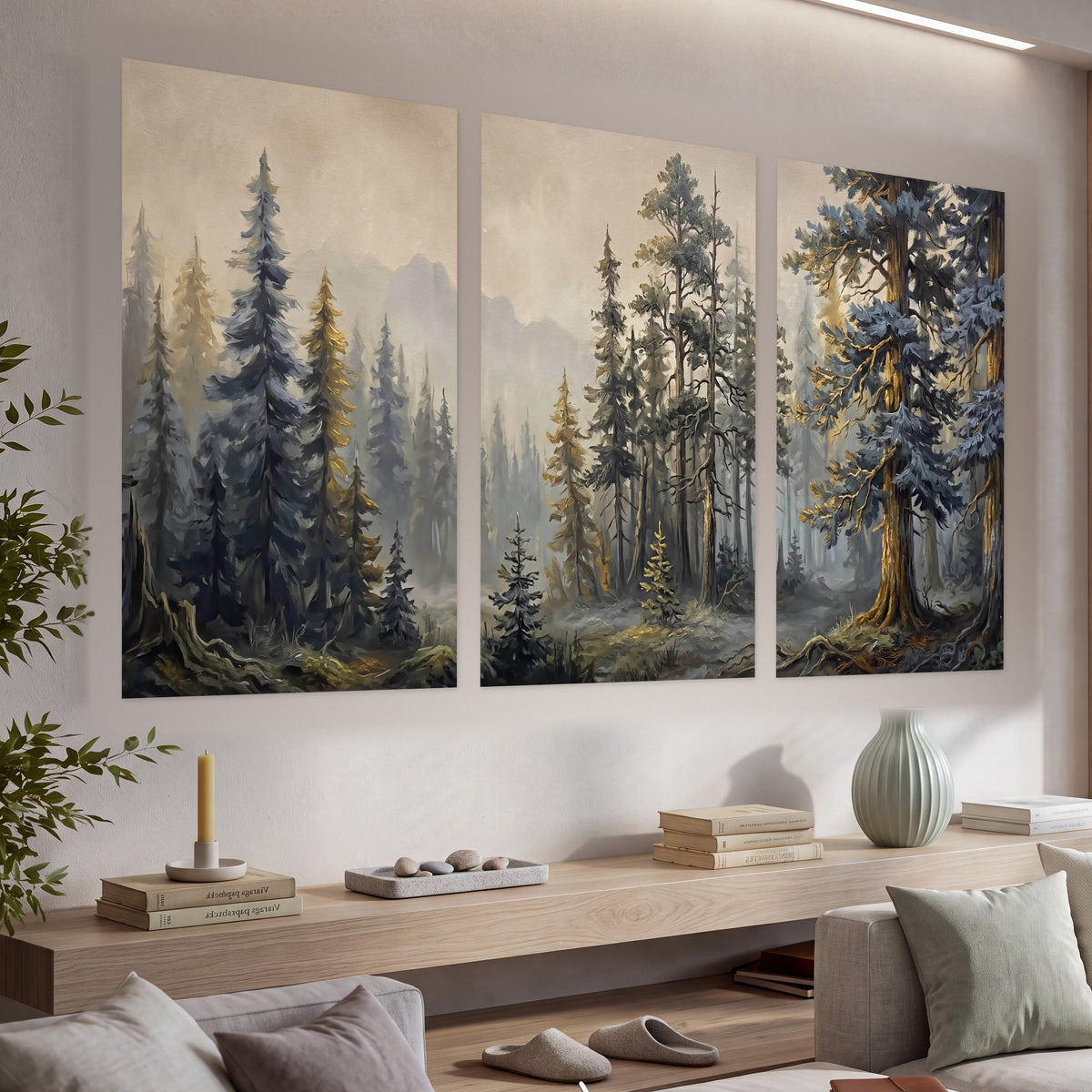 Pine forest mountain painting set of 3 poster prints in a living room above a console