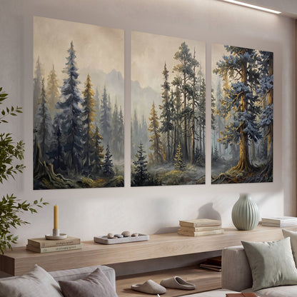 Pine forest mountain painting set of 3 poster prints in a living room above a console