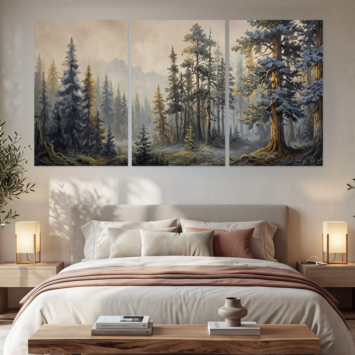 Pine forest mountain painting set of 3 poster prints in a bedroom above the bed