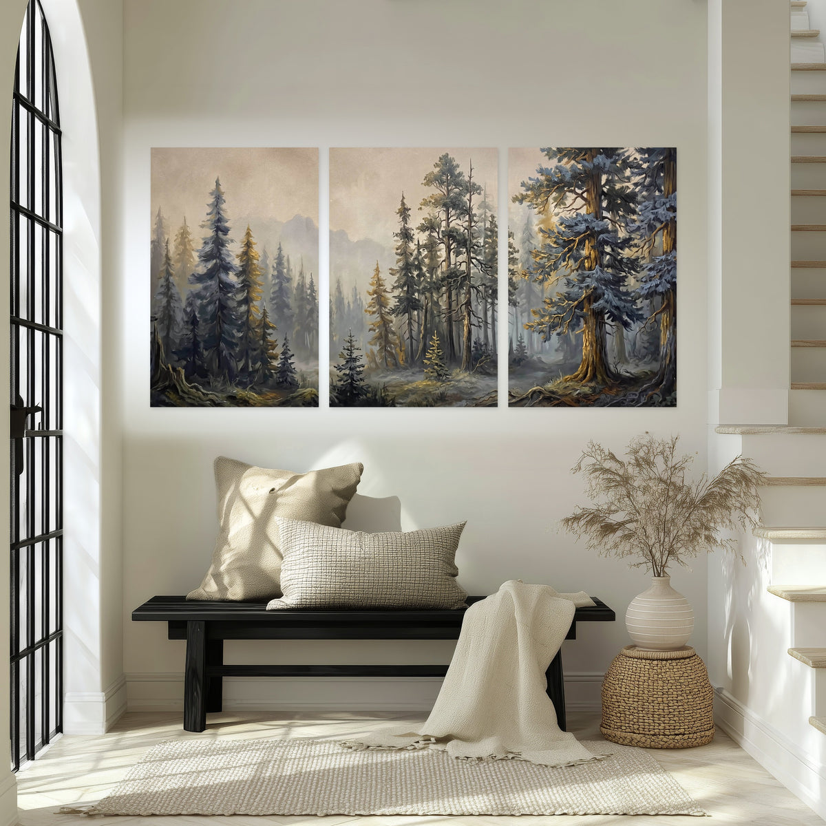 Pine forest mountain painting set of 3 poster prints in an entryway above a bench