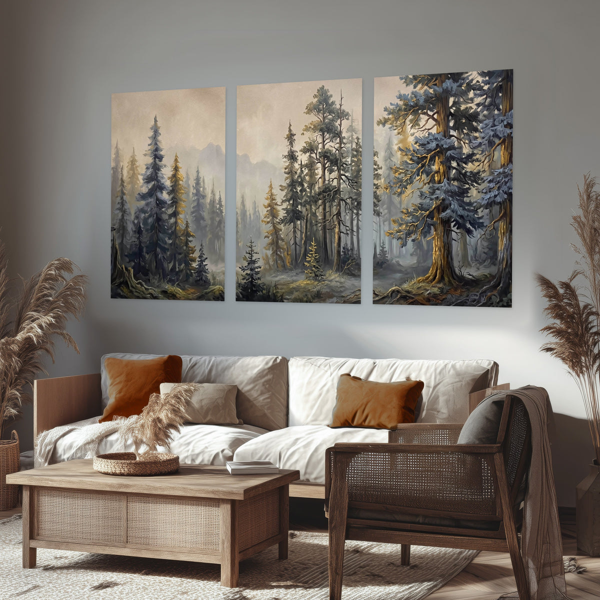 Pine forest mountain painting set of 3 poster prints in a rustic living room