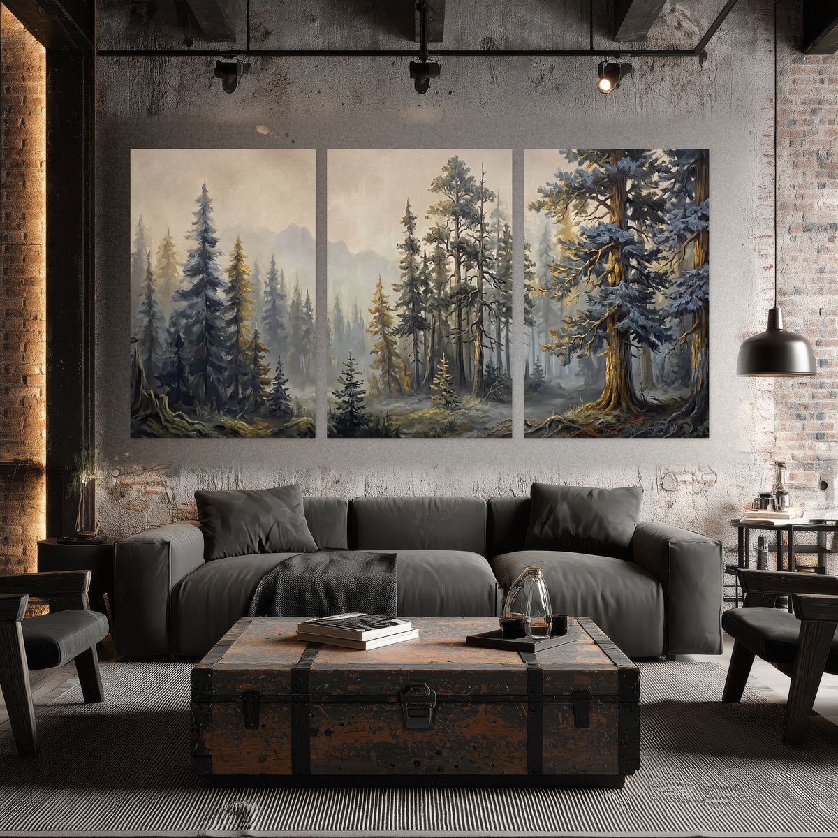 Pine forest mountain painting set of 3 poster prints in an industrial loft