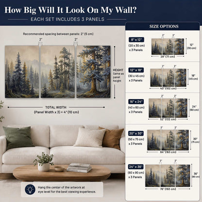 Pine forest mountain painting set of 3 poster prints size guide above a sofa
