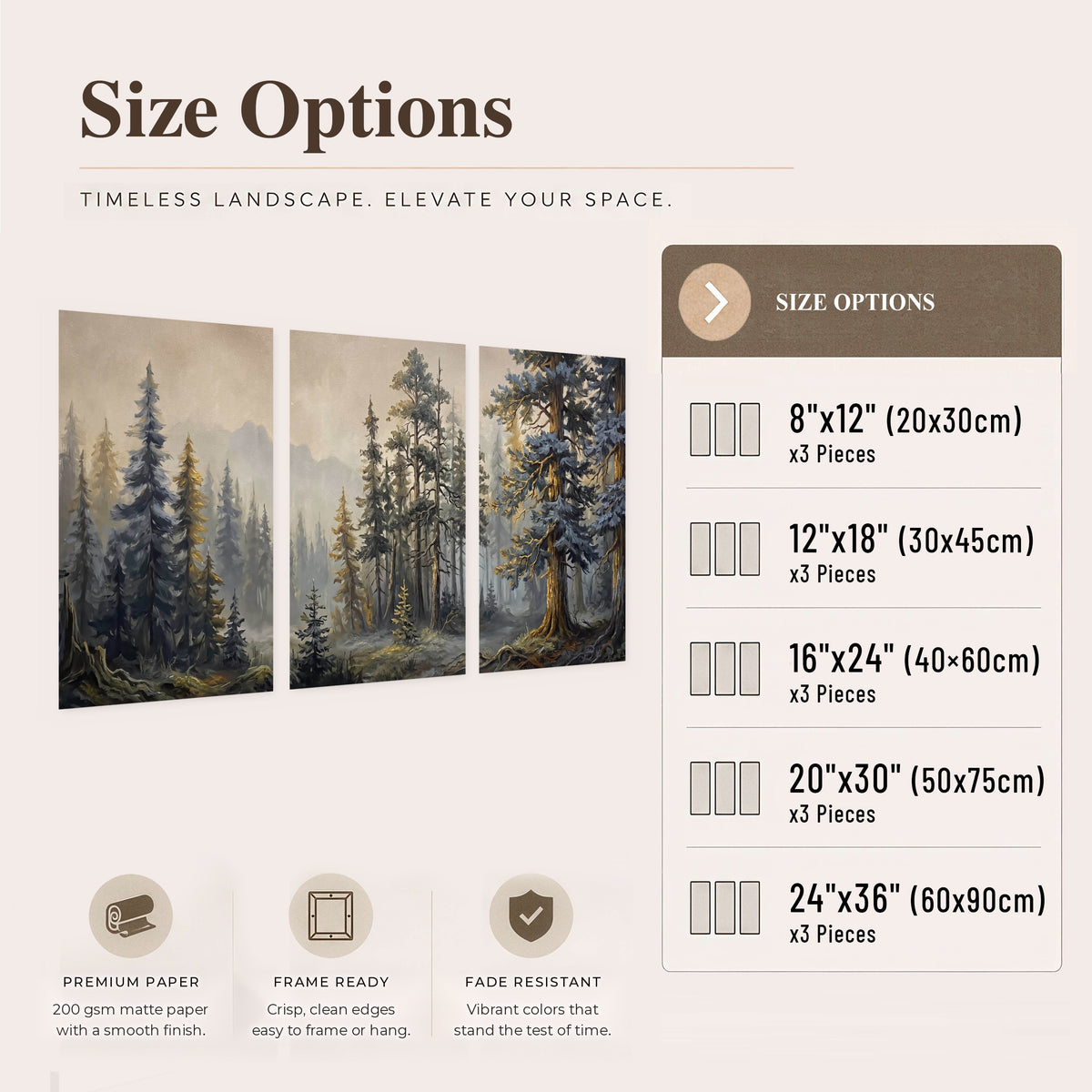 Pine forest mountain painting set of 3 poster prints size options
