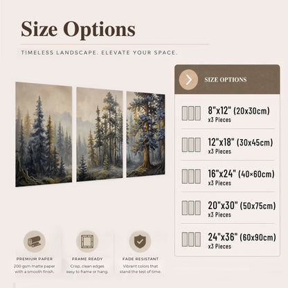 Pine forest mountain painting set of 3 poster prints size options