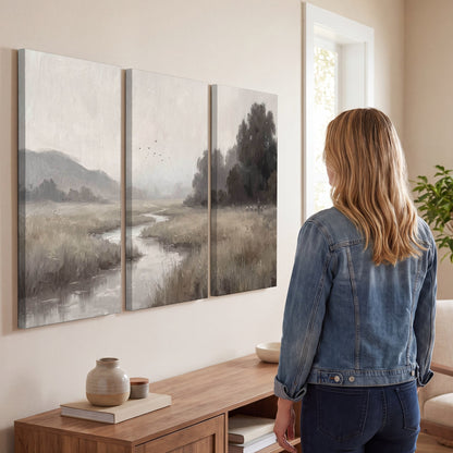 Misty meadow stream painting 3 piece canvas wall art in a living room