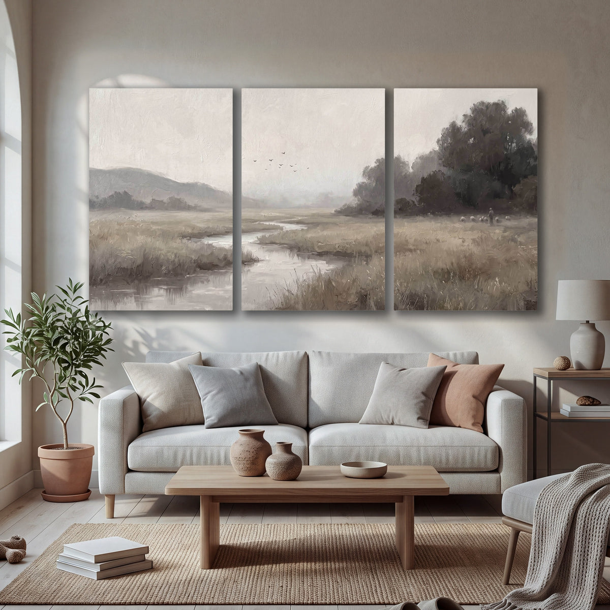Misty meadow stream painting 3 piece canvas wall art in a bright living room