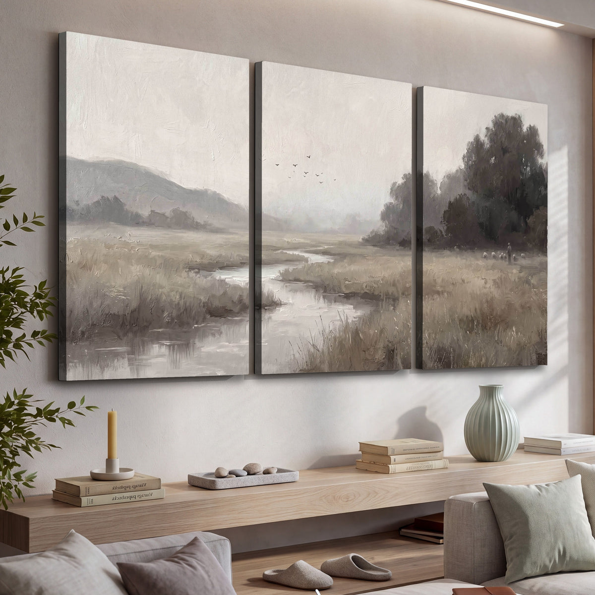 Misty meadow stream painting 3 piece canvas wall art in a living room above a console