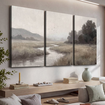 Misty meadow stream painting 3 piece canvas wall art in a living room above a console