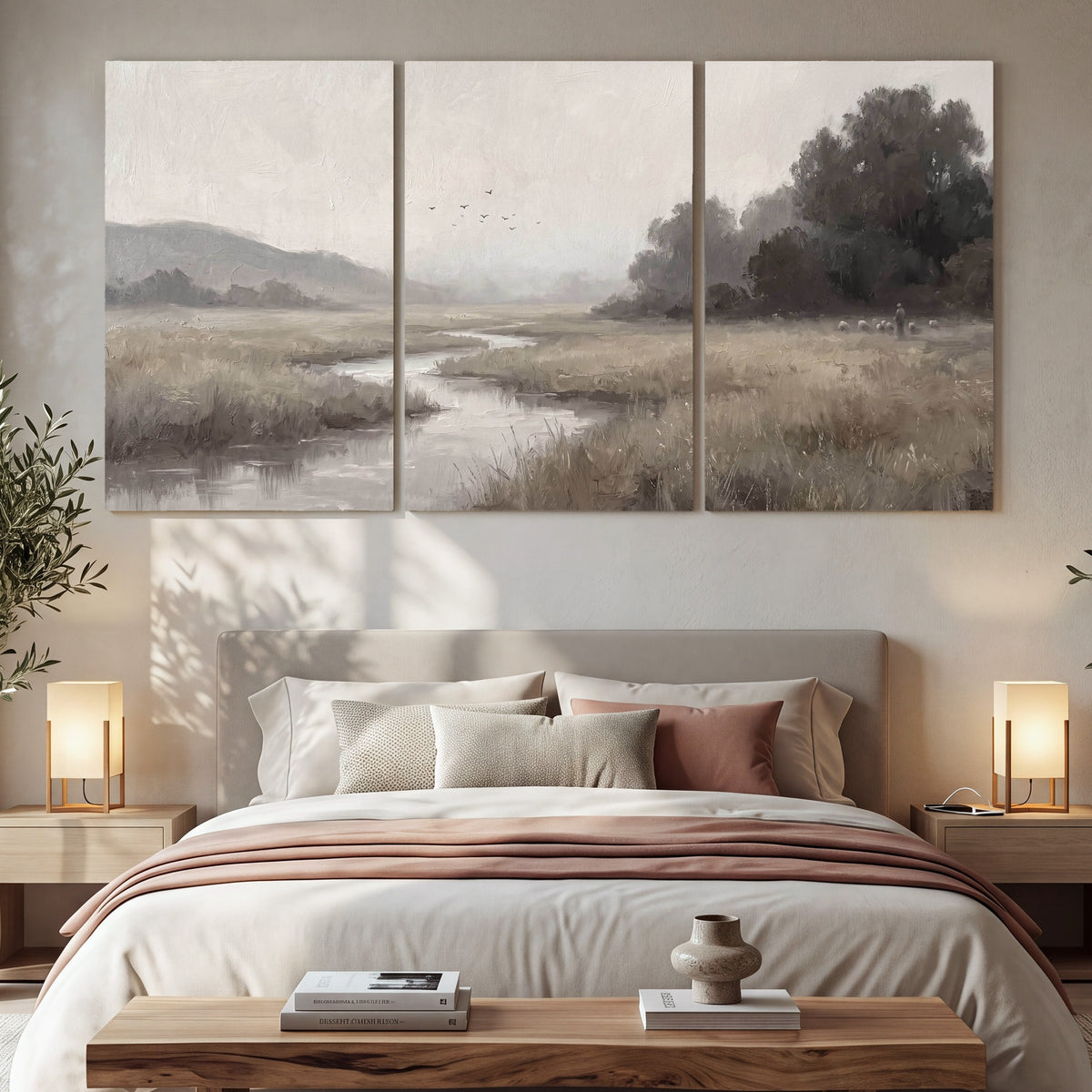 Misty meadow stream painting 3 piece canvas wall art in a bedroom above the bed
