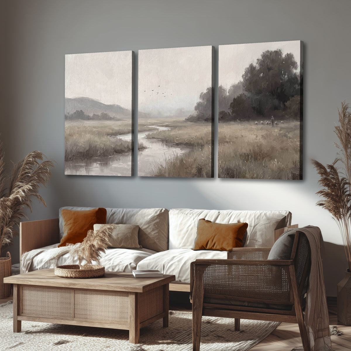 Misty meadow stream painting 3 piece canvas wall art in a rustic living room