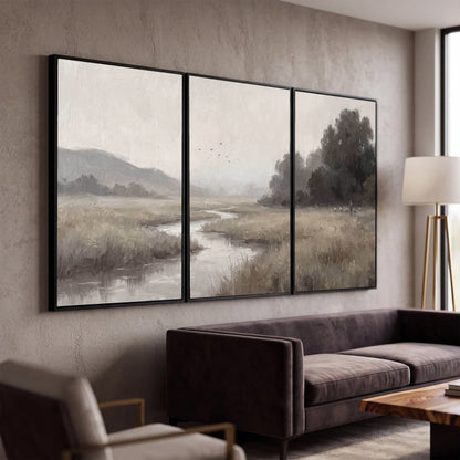 Misty meadow stream painting 3 piece canvas wall art in a modern living room