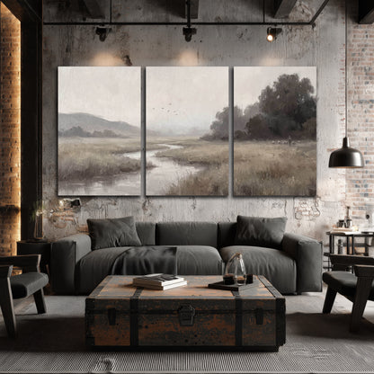 Misty meadow stream painting 3 piece canvas wall art in an industrial loft