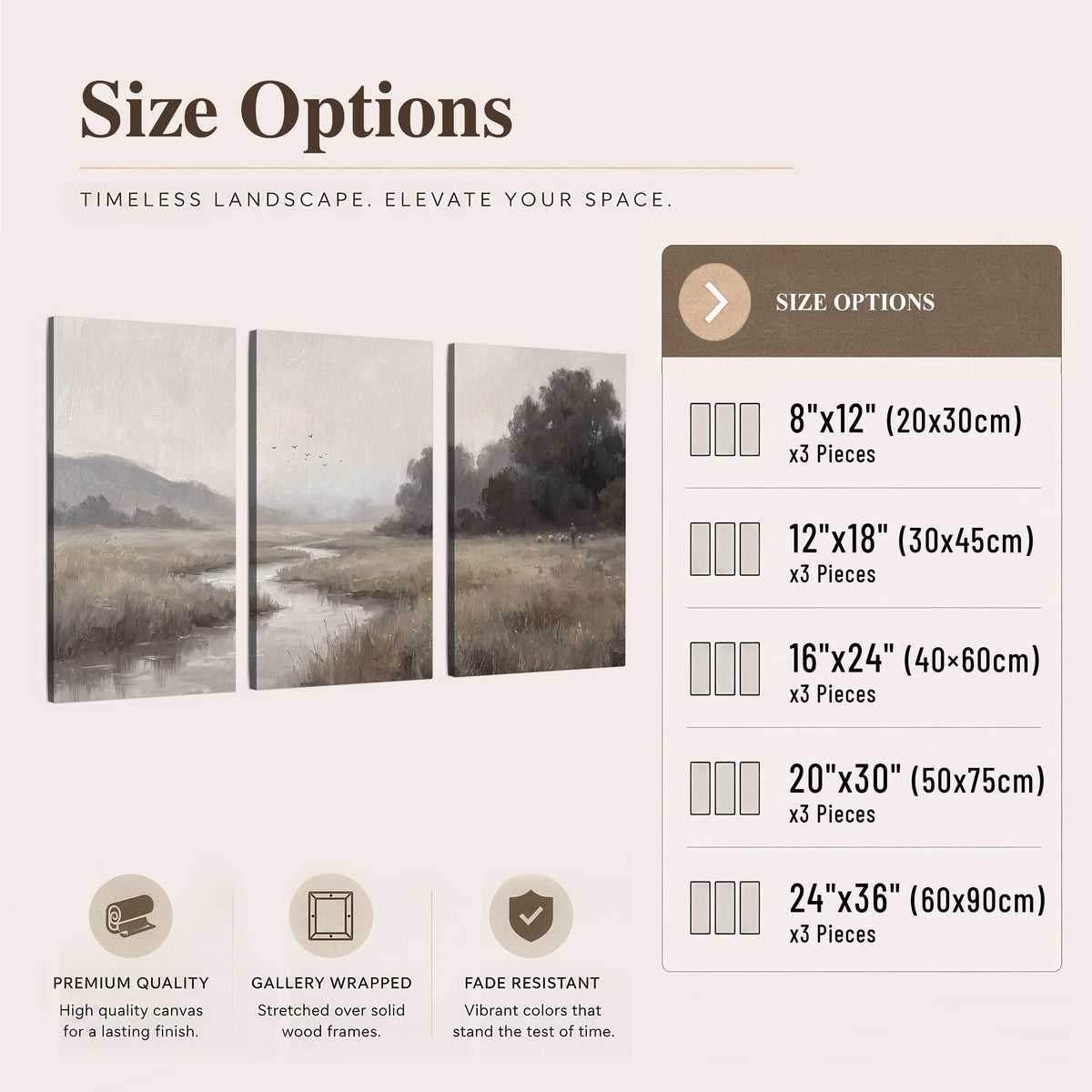 Misty meadow stream painting 3 piece canvas wall art size options