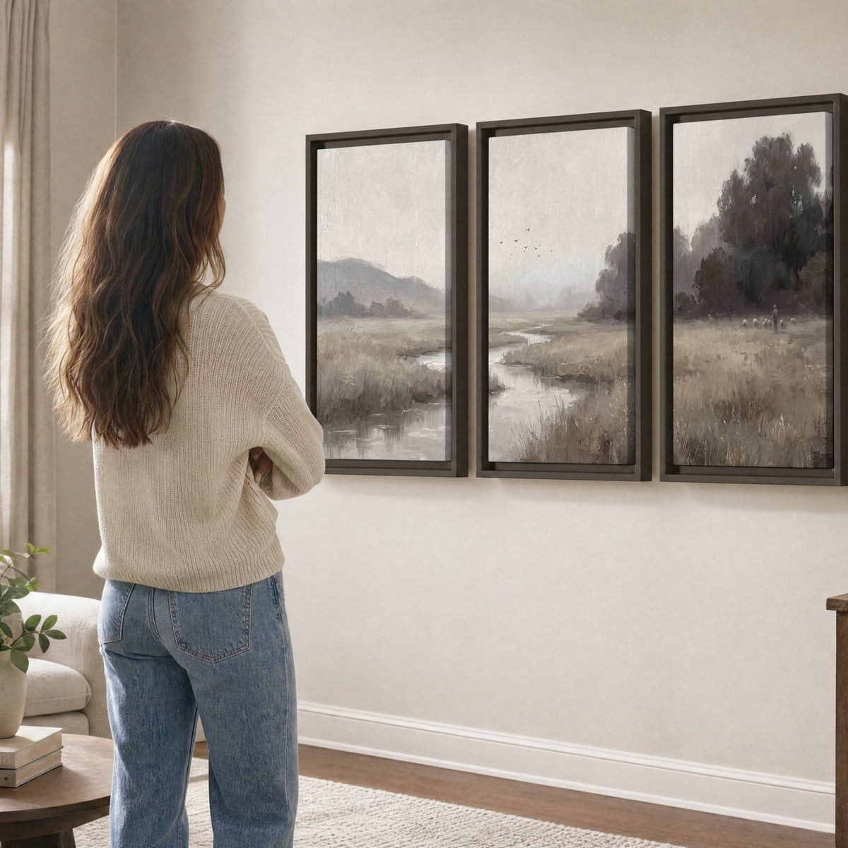 Misty meadow stream painting 3 piece framed canvas in a living room