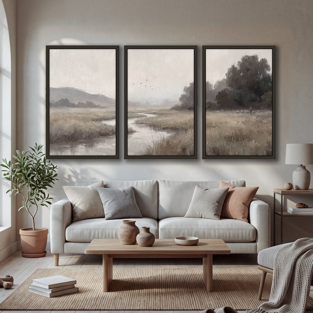 Misty meadow stream painting 3 piece framed canvas in a bright living room