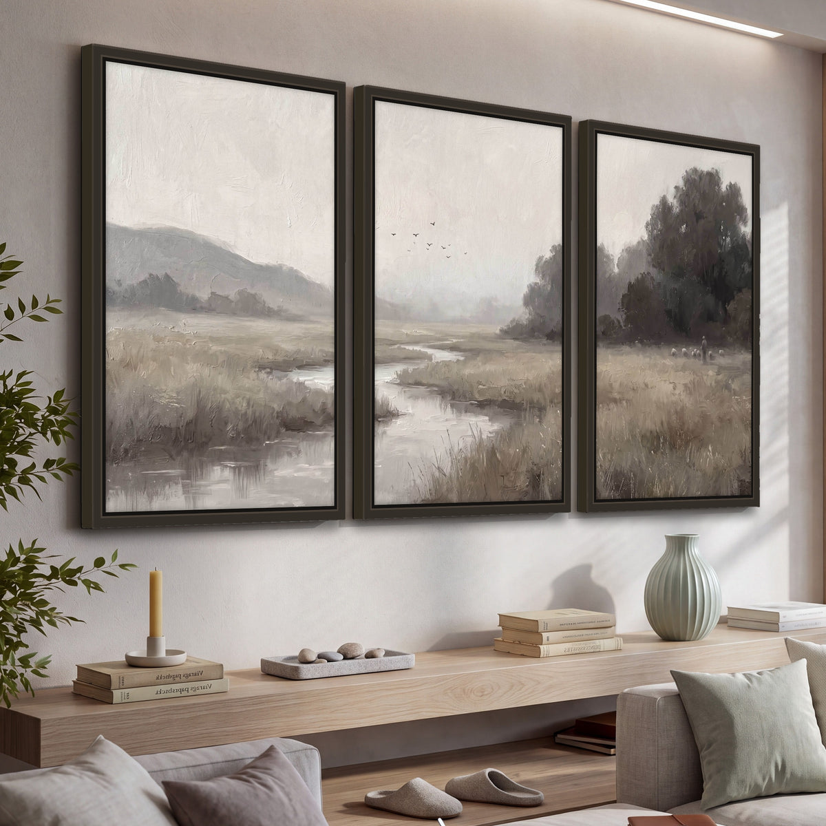 Misty meadow stream painting 3 piece framed canvas in a living room above a console