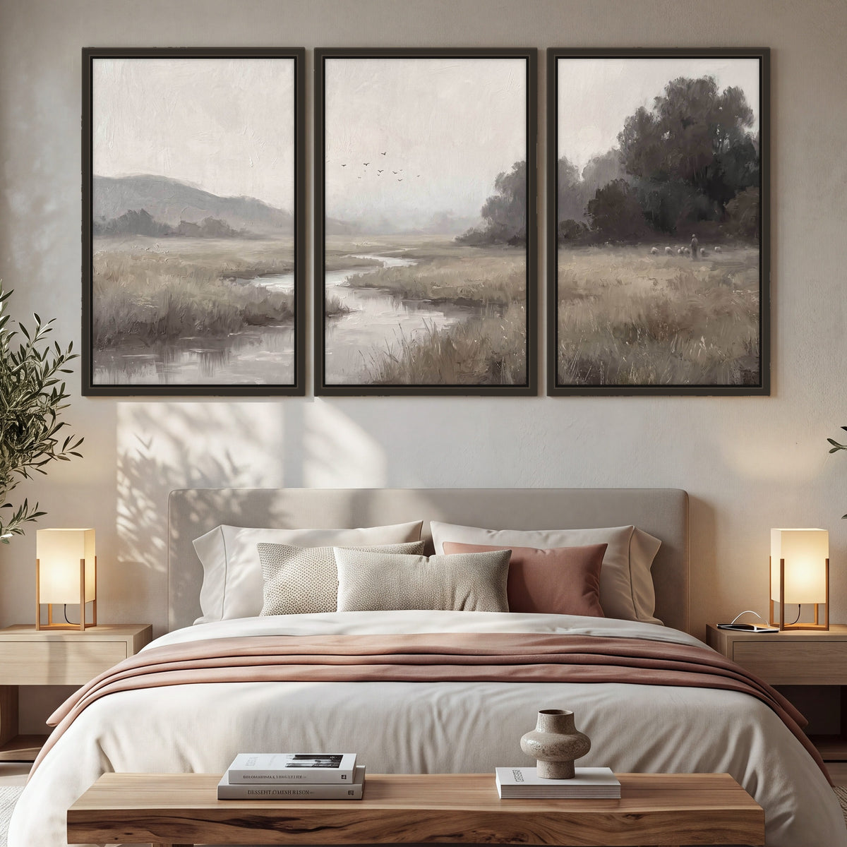 Misty meadow stream painting 3 piece framed canvas in a bedroom above the bed