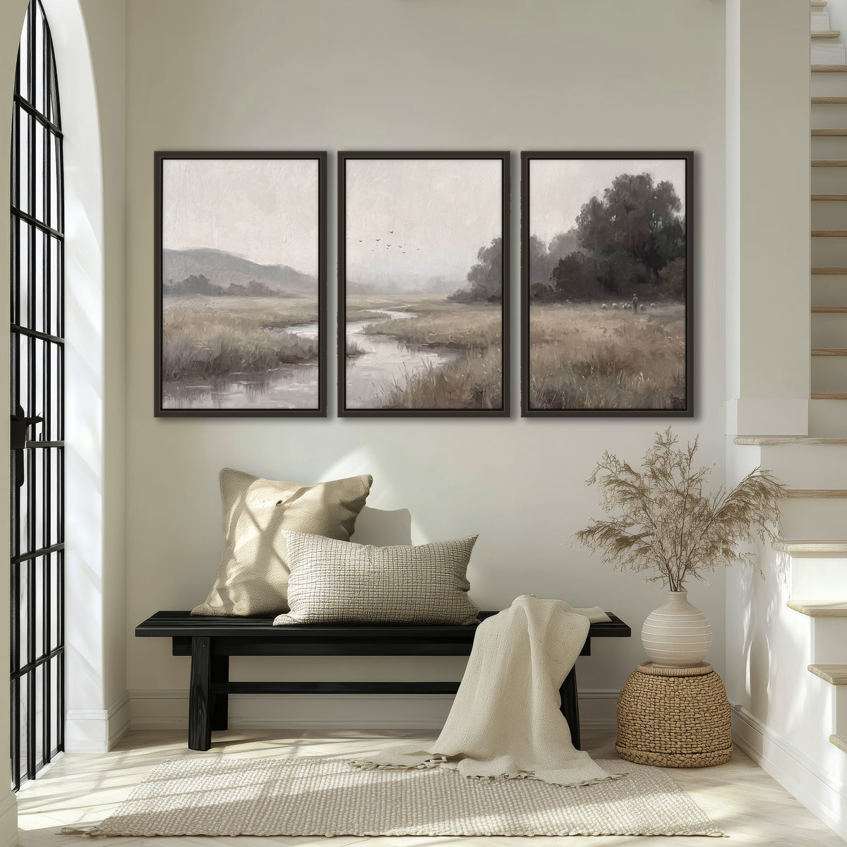 Misty meadow stream painting 3 piece framed canvas in an entryway above a bench