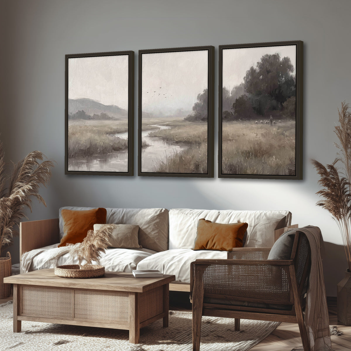 Misty meadow stream painting 3 piece framed canvas in a rustic living room