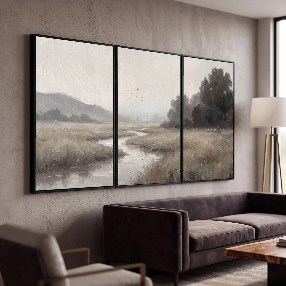 Misty meadow stream painting 3 piece framed canvas in a modern living room