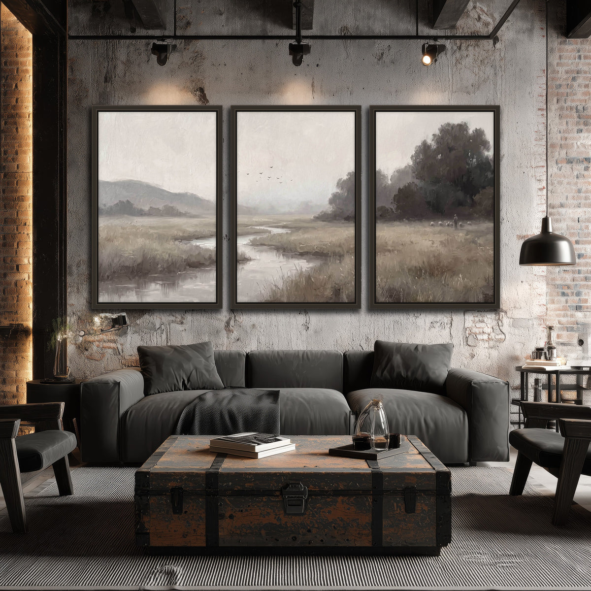 Misty meadow stream painting 3 piece framed canvas in an industrial loft