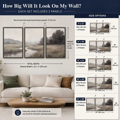 Misty meadow stream painting 3 piece framed canvas size guide above a sofa