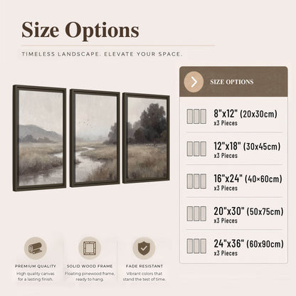 Misty meadow stream painting 3 piece framed canvas size options