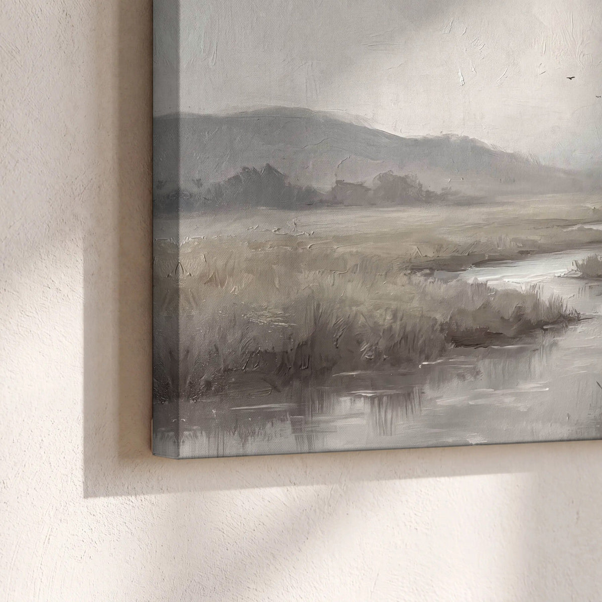 Misty meadow stream painting canvas print close-up showing the gallery-wrapped edge