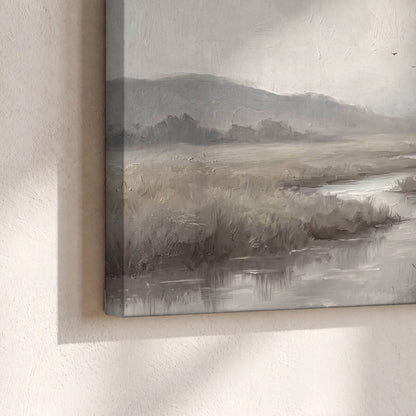 Misty meadow stream painting canvas print close-up showing the gallery-wrapped edge