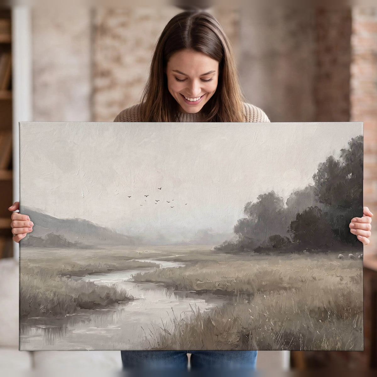 Misty meadow stream painting canvas wall art held in hands