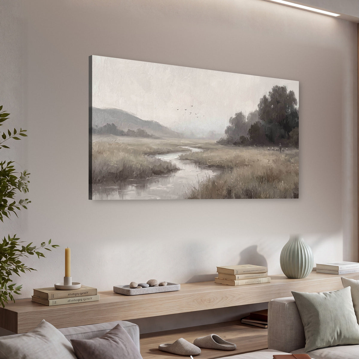 Misty meadow stream painting canvas wall art in a living room above a console
