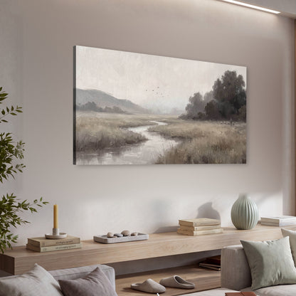 Misty meadow stream painting canvas wall art in a living room above a console