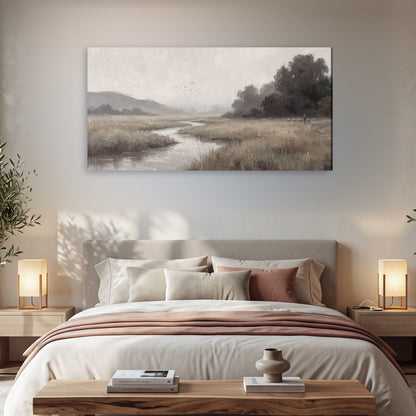 Misty meadow stream painting canvas wall art in a bedroom above the bed