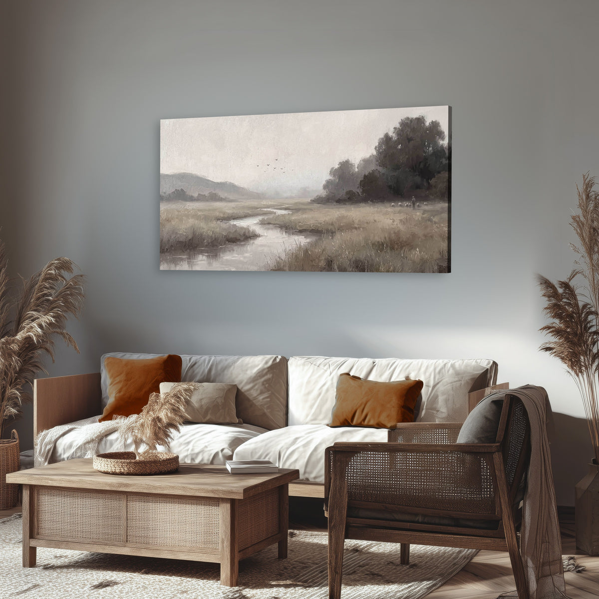 Misty meadow stream painting canvas wall art in a rustic living room