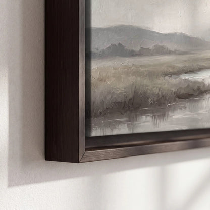 Misty meadow stream painting framed canvas close-up showing the floating frame