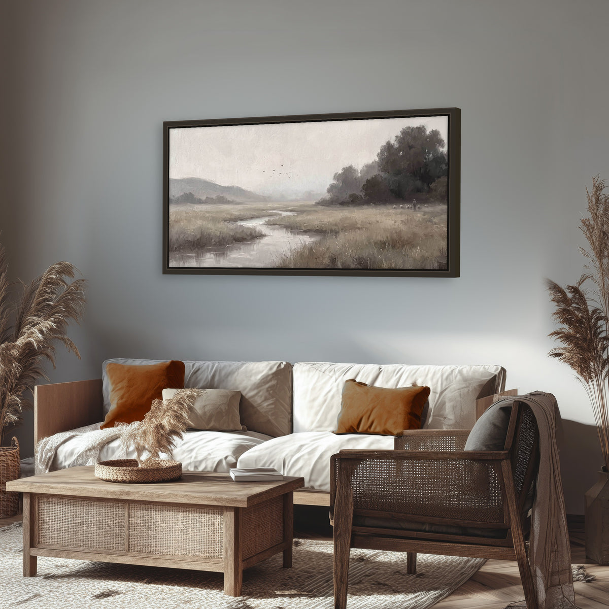 Misty meadow stream painting framed canvas wall art in a rustic living room