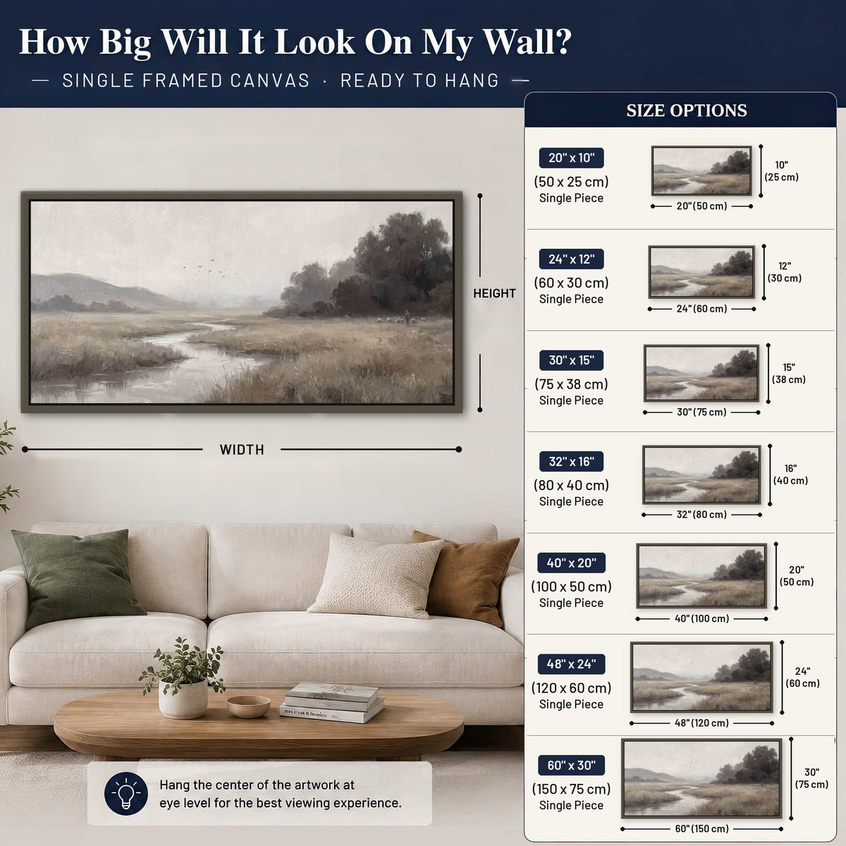 Misty meadow stream painting framed canvas wall art size guide above a sofa