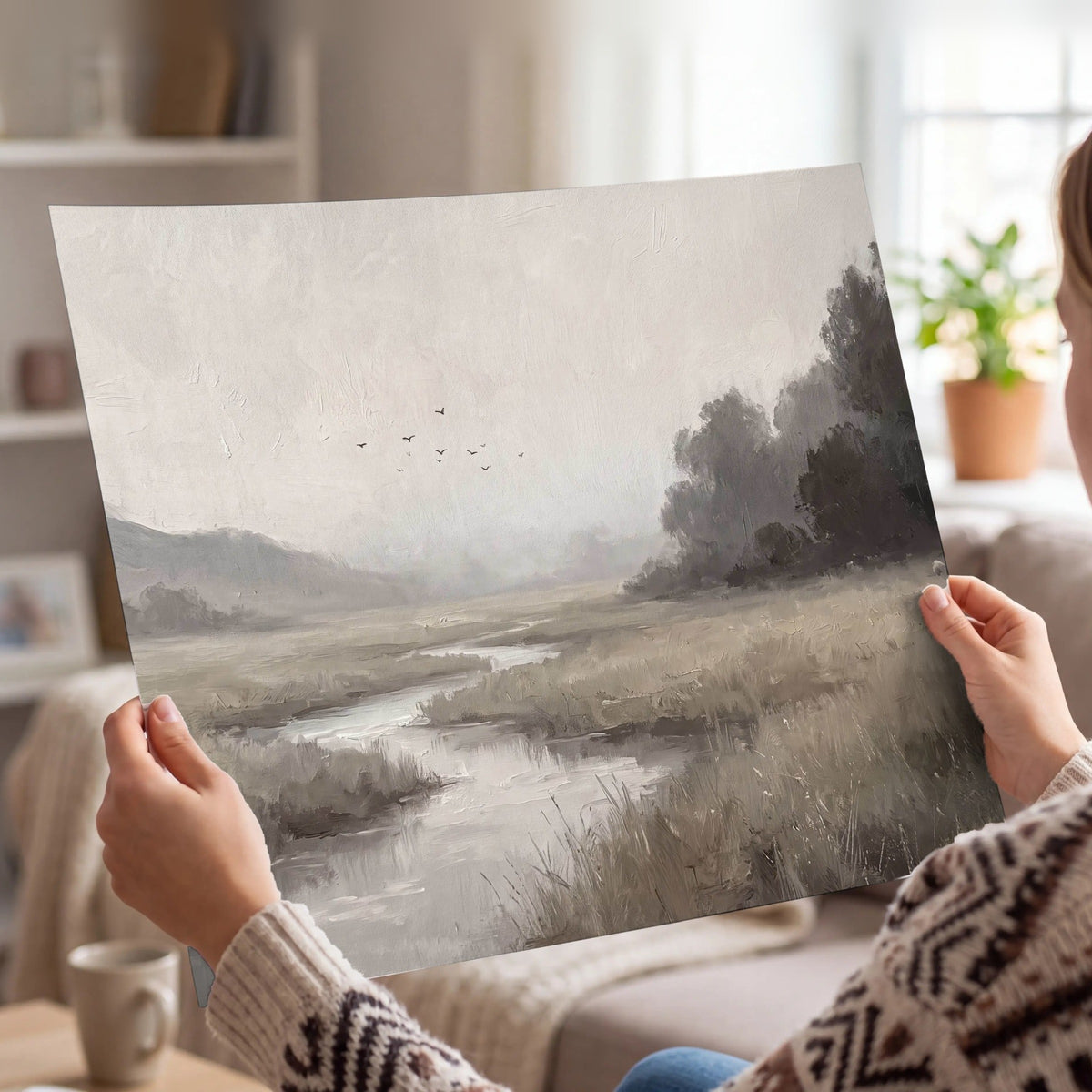 Misty meadow stream painting poster print held in hands