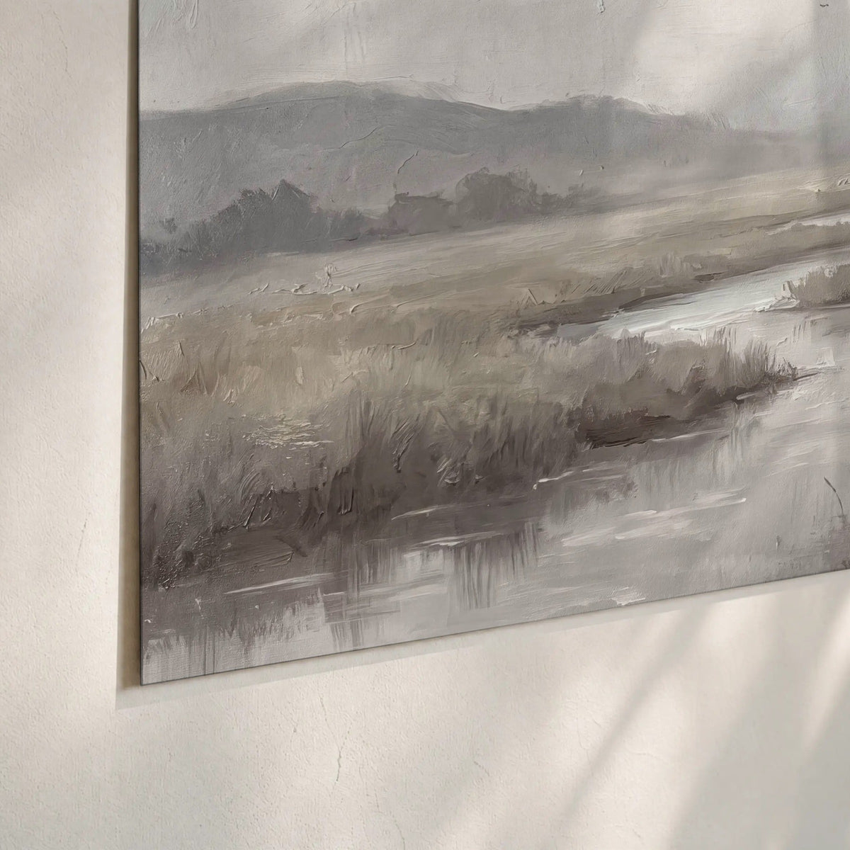Misty meadow stream painting poster print close-up on matte paper