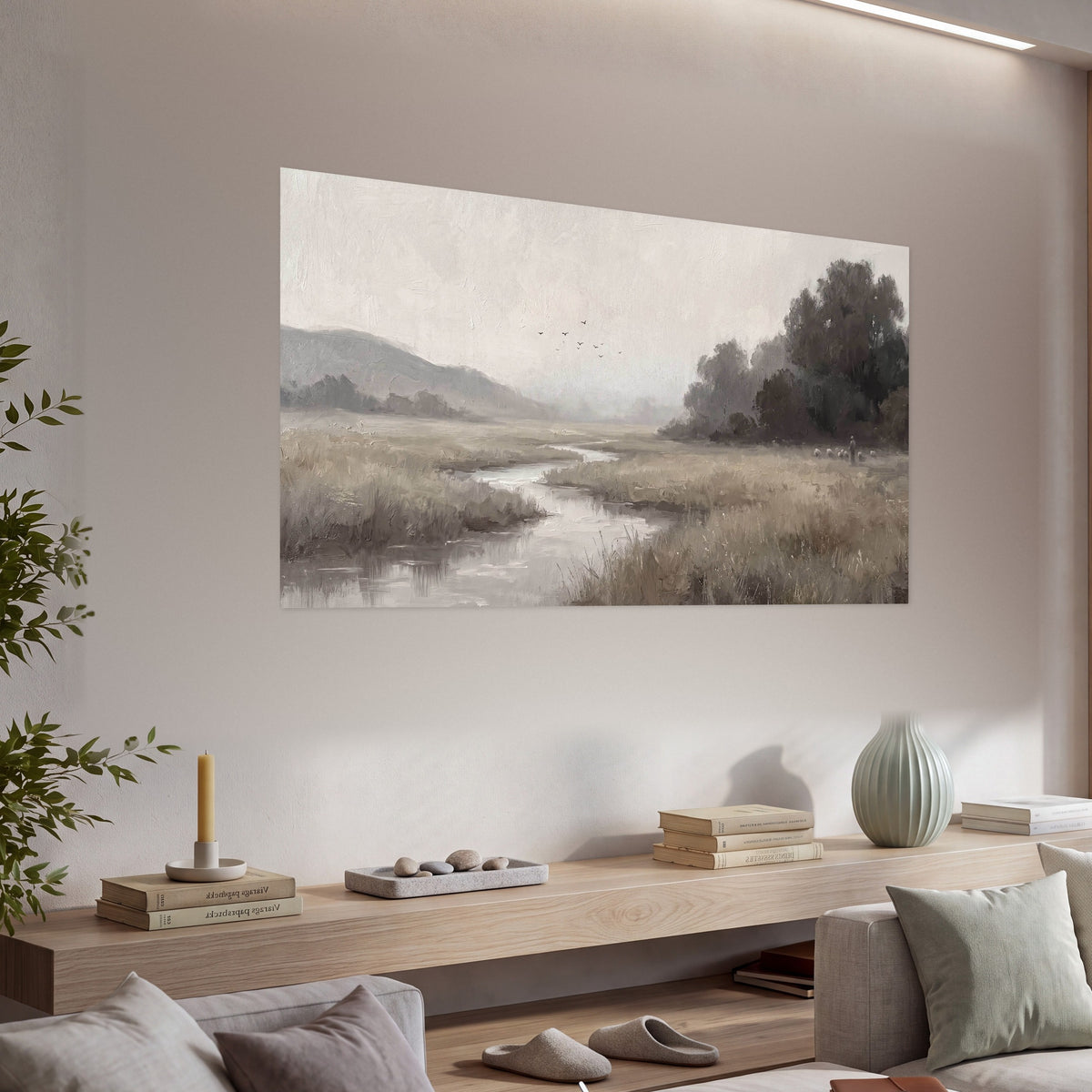 Misty meadow stream painting poster print in a living room above a console