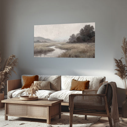 Misty meadow stream painting poster print in a rustic living room