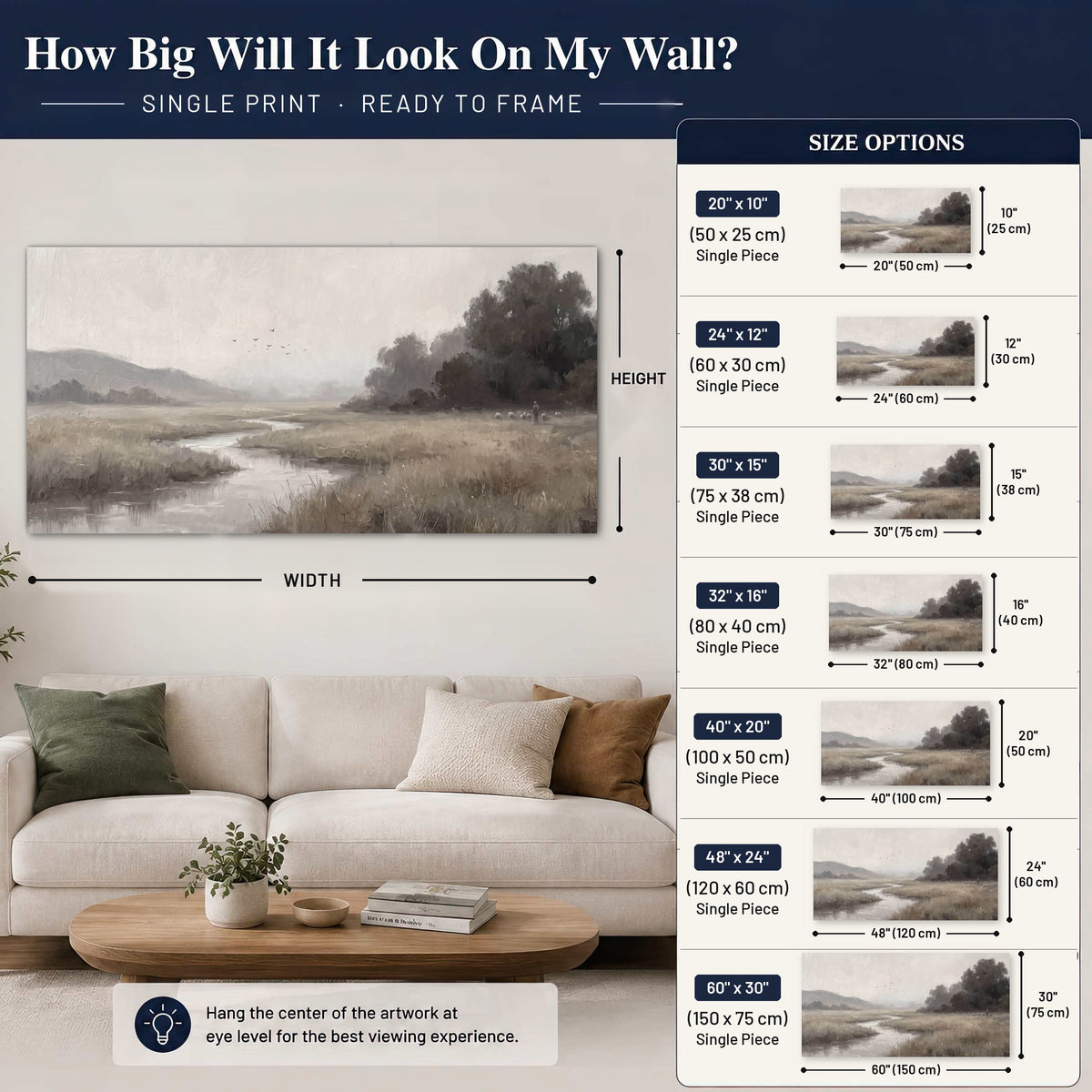 Misty meadow stream painting poster print size guide above a sofa