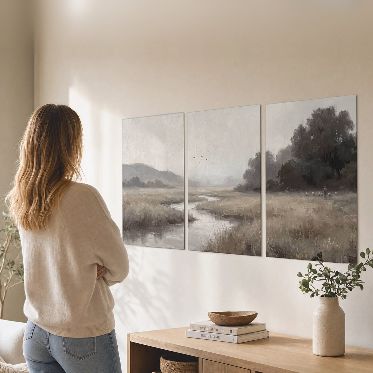 Misty meadow stream painting set of 3 poster prints in a living room