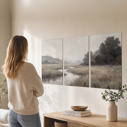 Misty meadow stream painting set of 3 poster prints in a living room