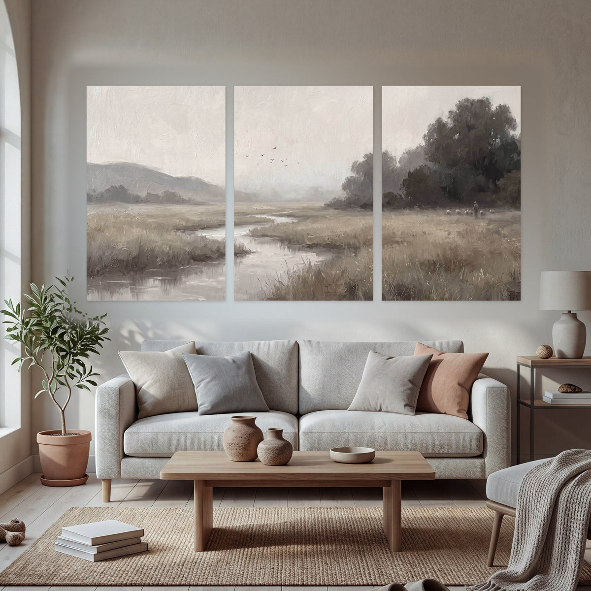 Misty meadow stream painting set of 3 poster prints in a bright living room
