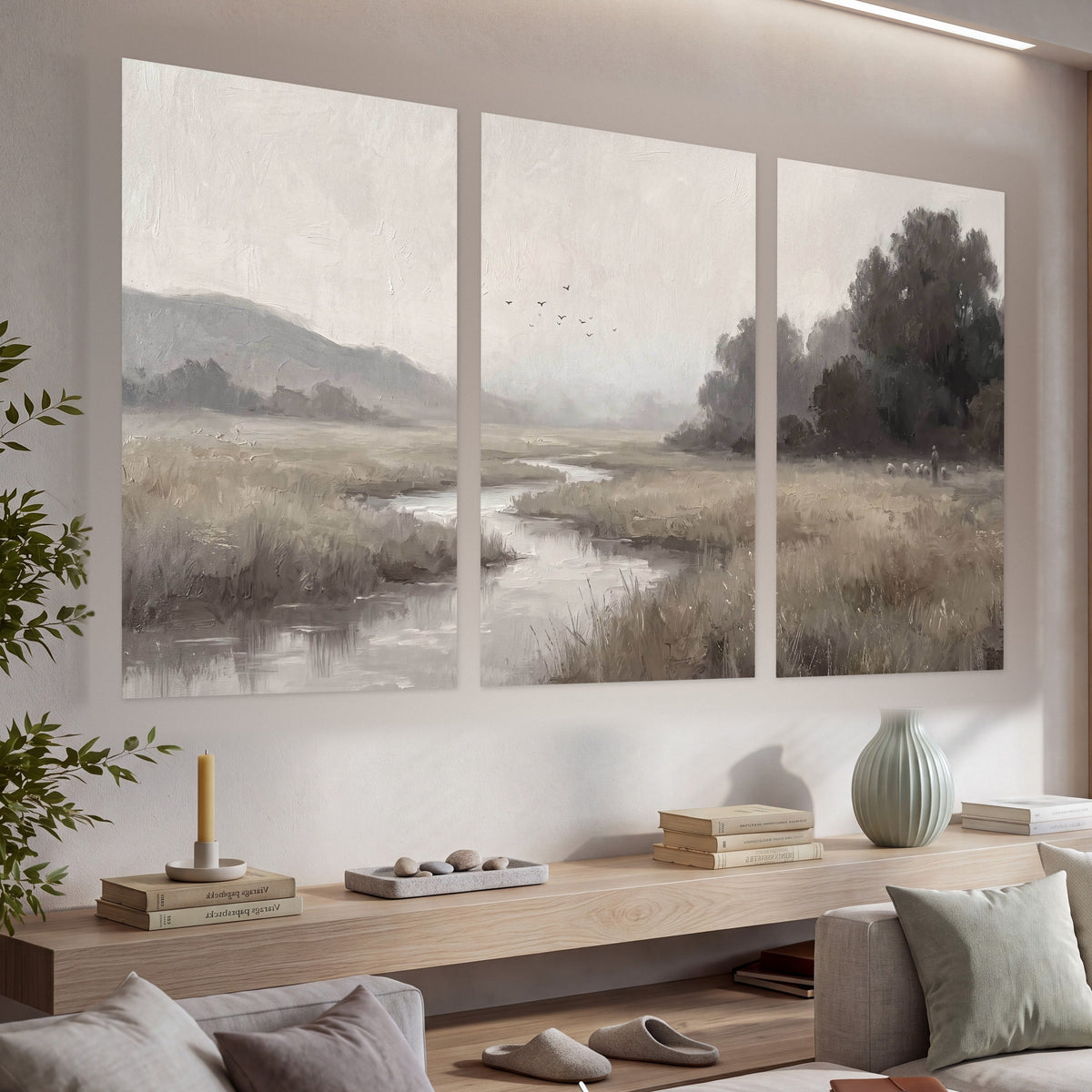 Misty meadow stream painting set of 3 poster prints in a living room above a console