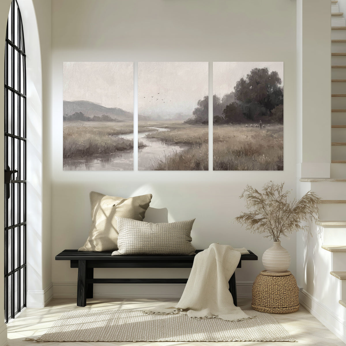 Misty meadow stream painting set of 3 poster prints in an entryway above a bench