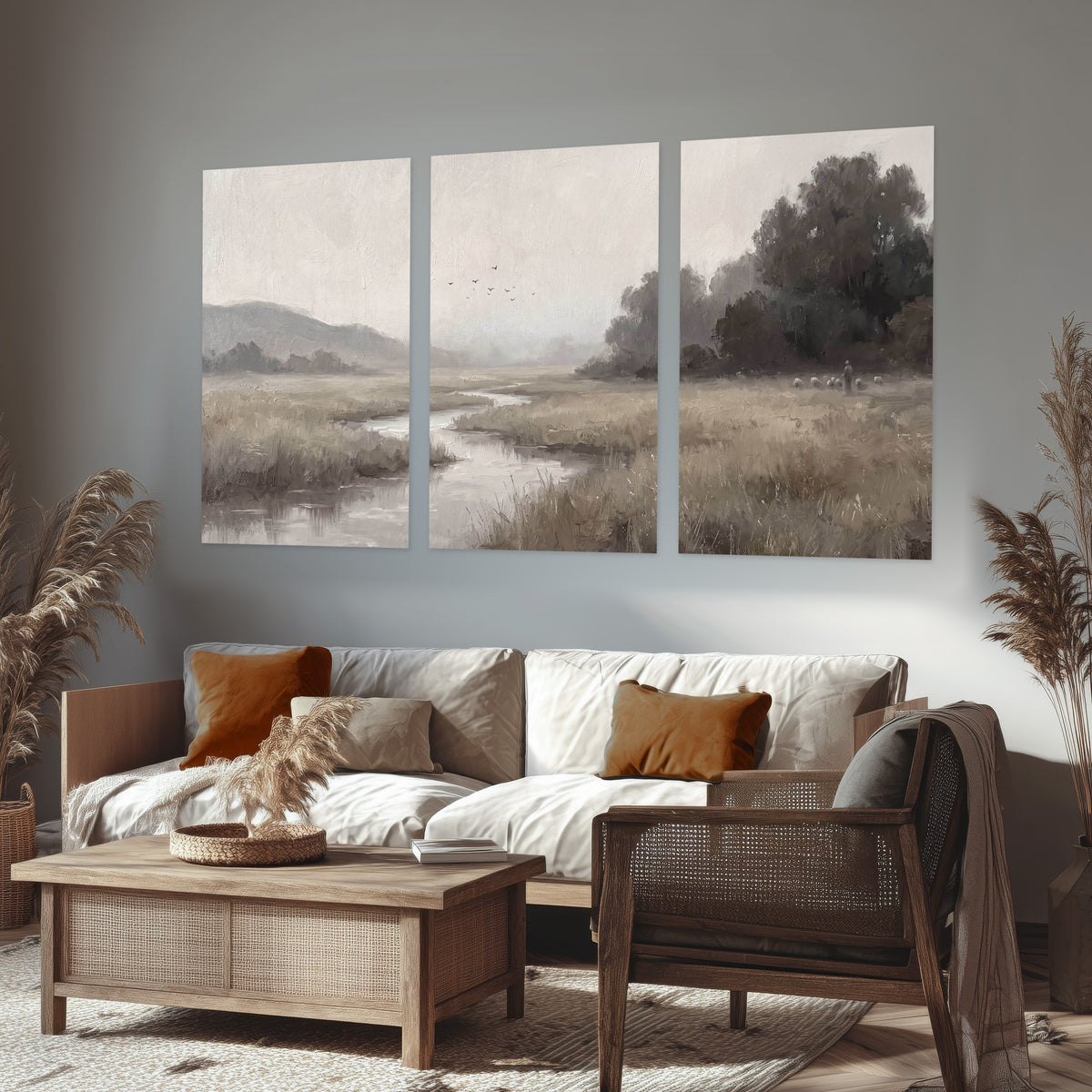 Misty meadow stream painting set of 3 poster prints in a rustic living room